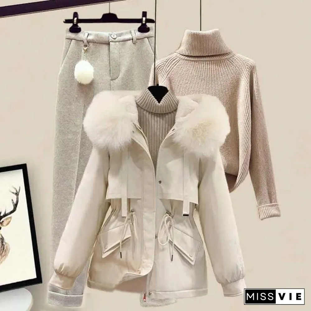 Fleece Hooded Coat Turtleneck Sweater Casual Pants Three Pieces
