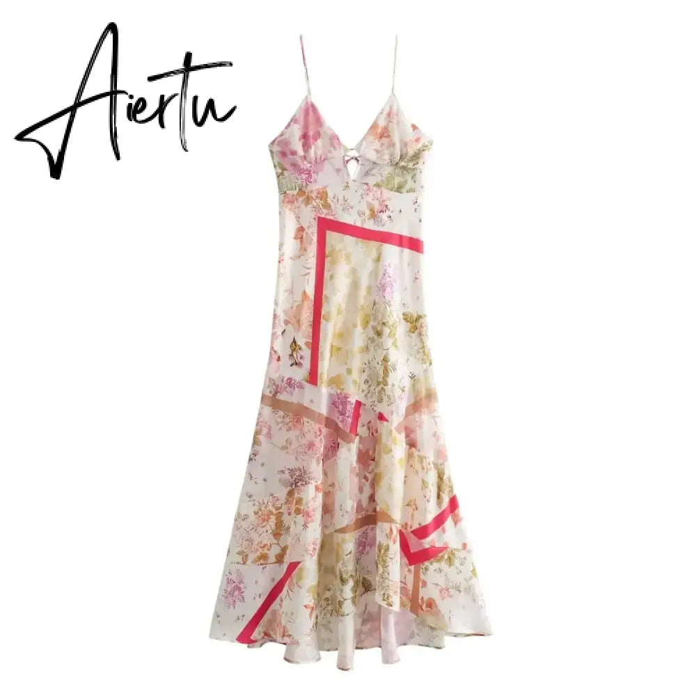 Aiertu Women Fashion Printed Vacation Maxi Dress 2024 Summer Sexy Slim Long Dress Backless Lace-up Sling Boho Dresses Aiertu
