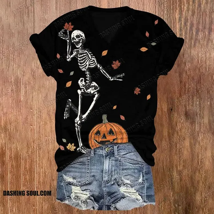 Happy Pumpkin Skull Halloween Print V-neck T-shirt