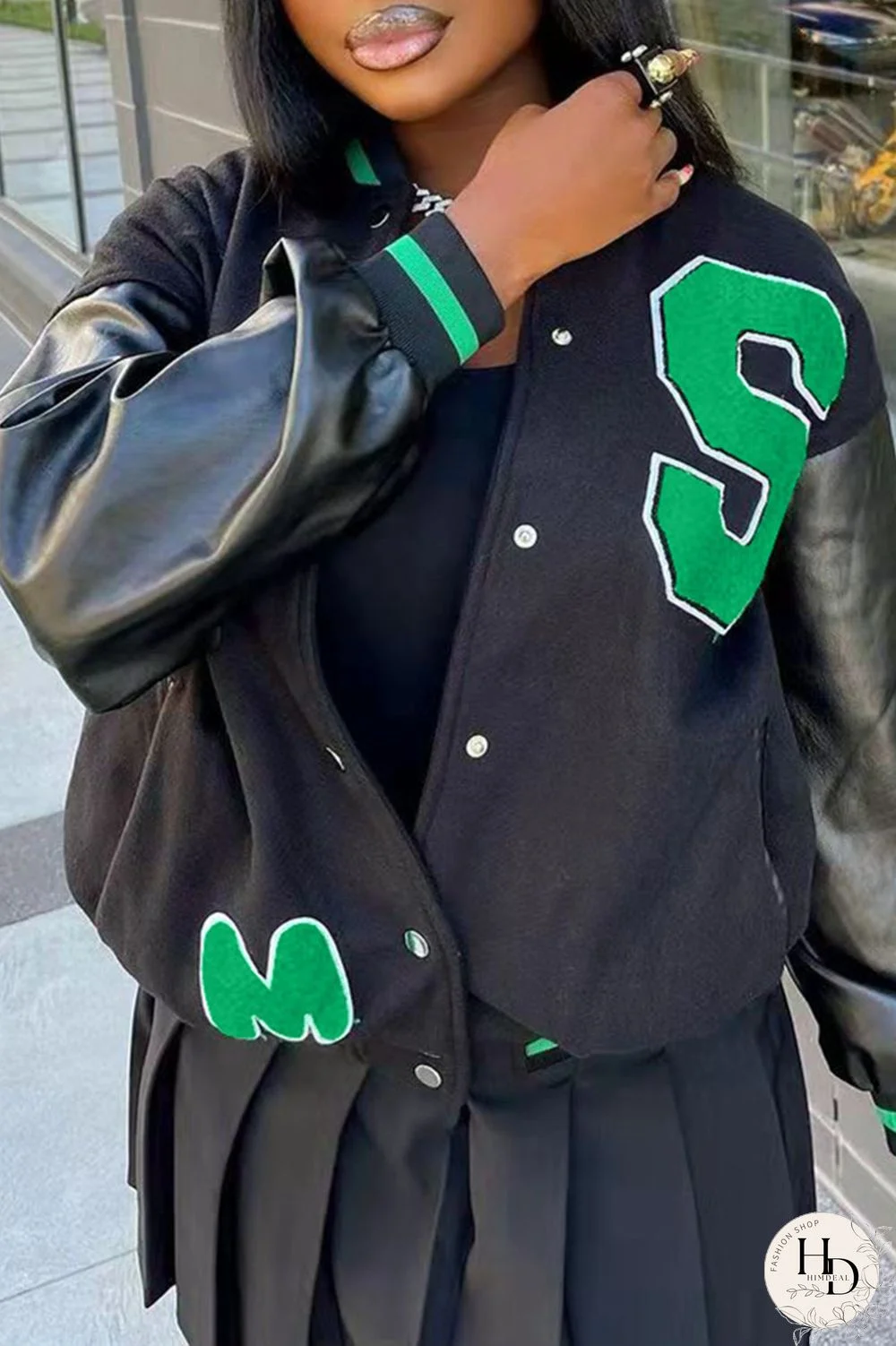Black Fashion Casual Letter Patchwork Outerwear