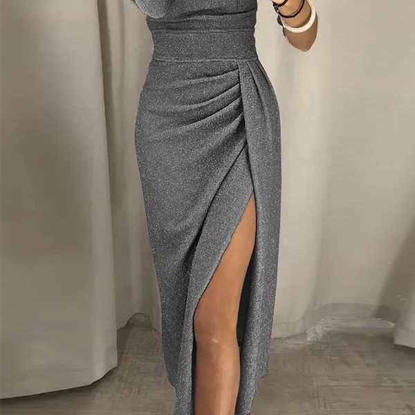 Women Off Shoulder Party dresses High Slit Bodycon Dress Long Sleeve Fashion Prom Dress Skirt