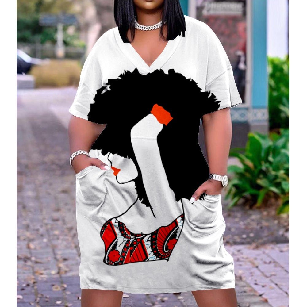 3D printed loose plus size v-neck mid-sleeve dress