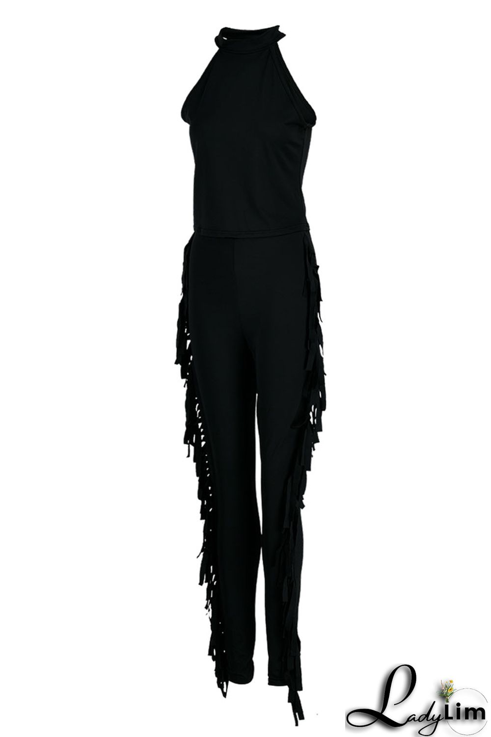 Black Fashion Casual Solid Tassel Patchwork O Neck Sleeveless Two Pieces