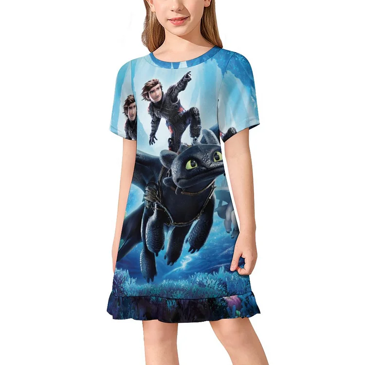 The Hidden World Hiccup Toothless Light Fury Girls Crew Neck Basic Print Sundress Loose Fit Parent-Child Dresses - Heather Prints Shirts
