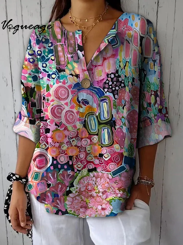 Colorful Creative Small Pattern Stitching Printed Cotton And Linen Shirt