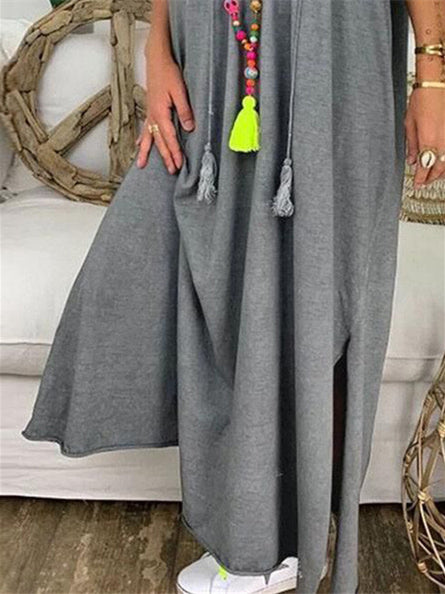 Women's Half Sleeve V-neck Solid Color Maxi Dress