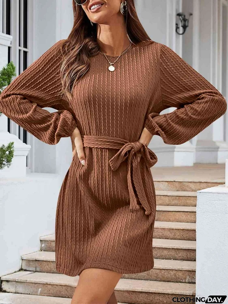 Round Neck Tie Front Long Sleeve Dress