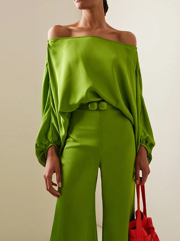 Batwing Sleeves Loose Solid Color Split-Joint Off-The-Shoulder Blouses