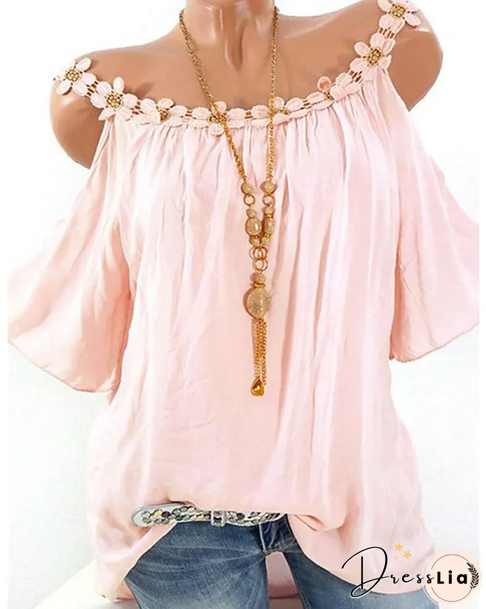 Women's T-shirt Solid Colored Lace Fashion Off Shoulder Round Neck Tops Basic Top White Blushing Pink Green-828