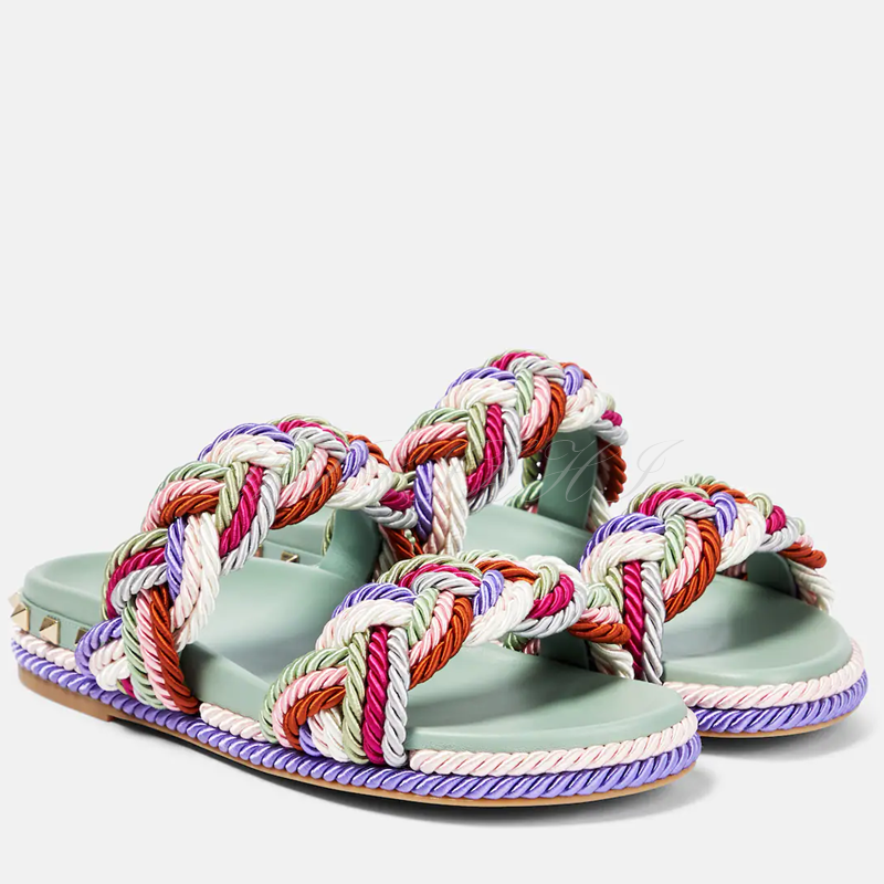 VCSHOES Multicolor Rope Wrap Flats Women Gold Studs Slippers Espadrilles Slingback Rubber Ruffle Red Sporty Gladiator Roman Casual Shoes