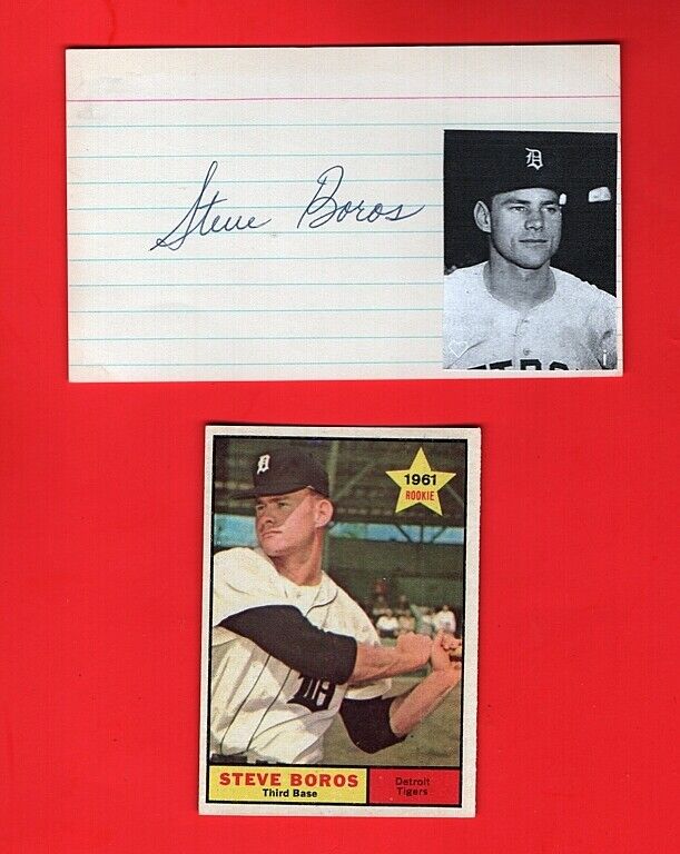 1961 TOPPS STEVE BOROS-DETROIT TIGERS AUTOGRAPHED 3X5 CARD W/Photo Poster painting-(d.2010)