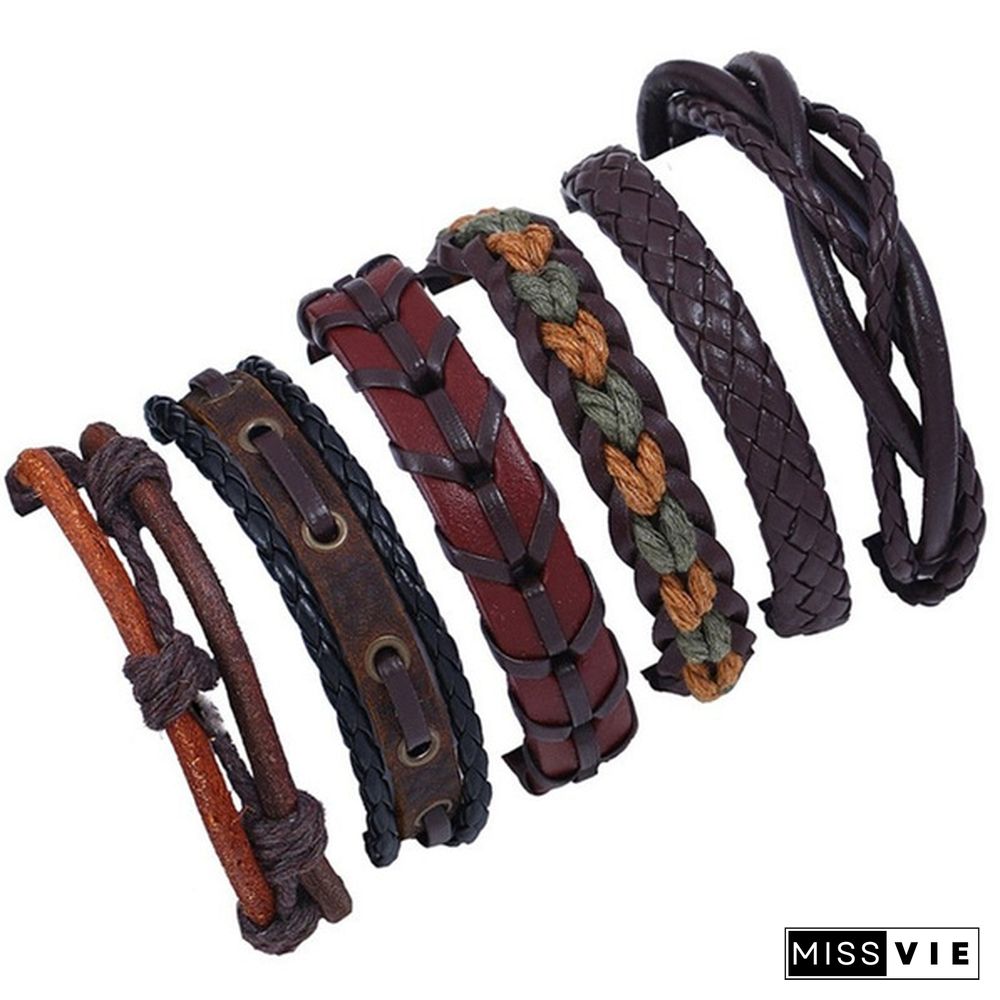 6pcs/set Vintage Punk Leather Bracelet Wristband Bangle Men Jewellery Gift