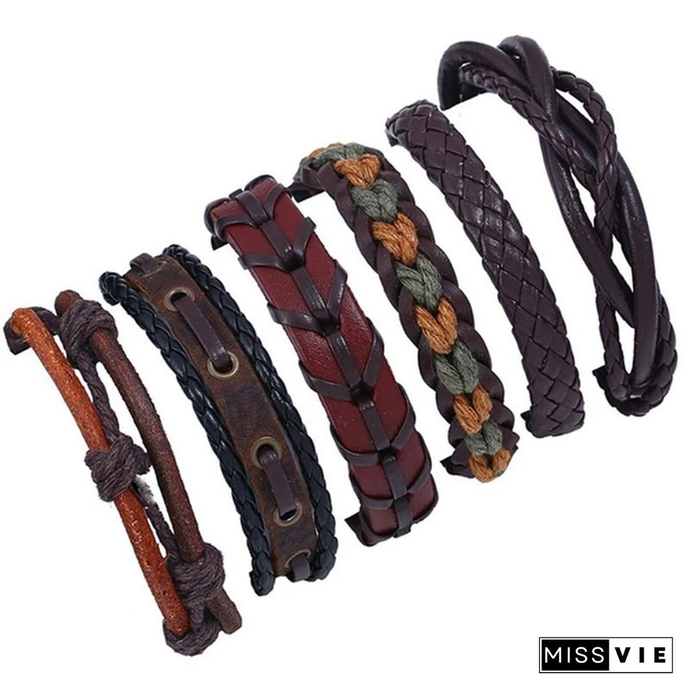 6pcs/set Vintage Punk Leather Bracelet Wristband Bangle Men Jewellery Gift