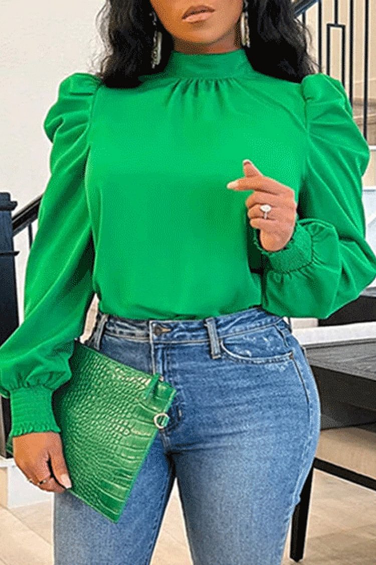 Xpluswear Plus Size Casual Green Lattern Long Sleeve High Collar Blouse 