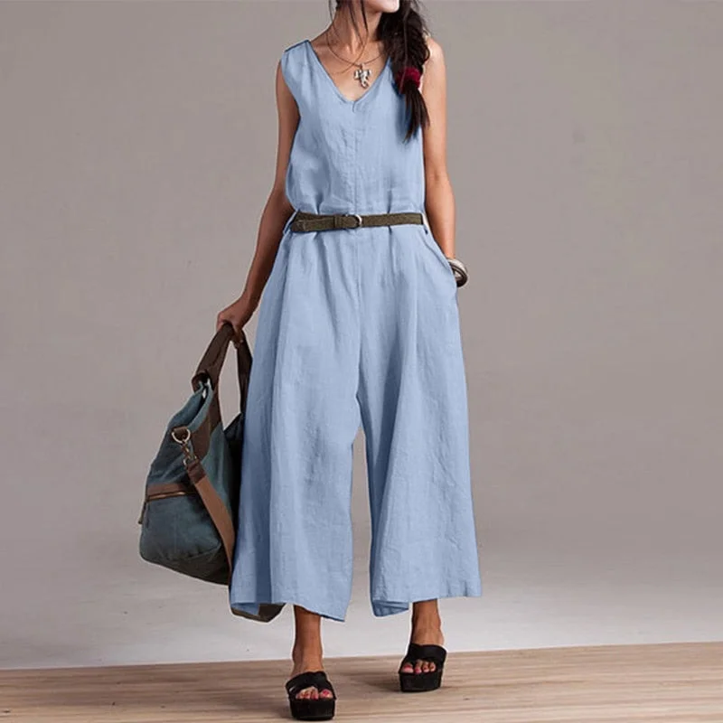 Vintage Solid Overalls Women's Summer Jumpsuits ZANZEA 2022 Casual Sleeveless Tank Playsuits Female V Neck Rompers Wide Leg Pant