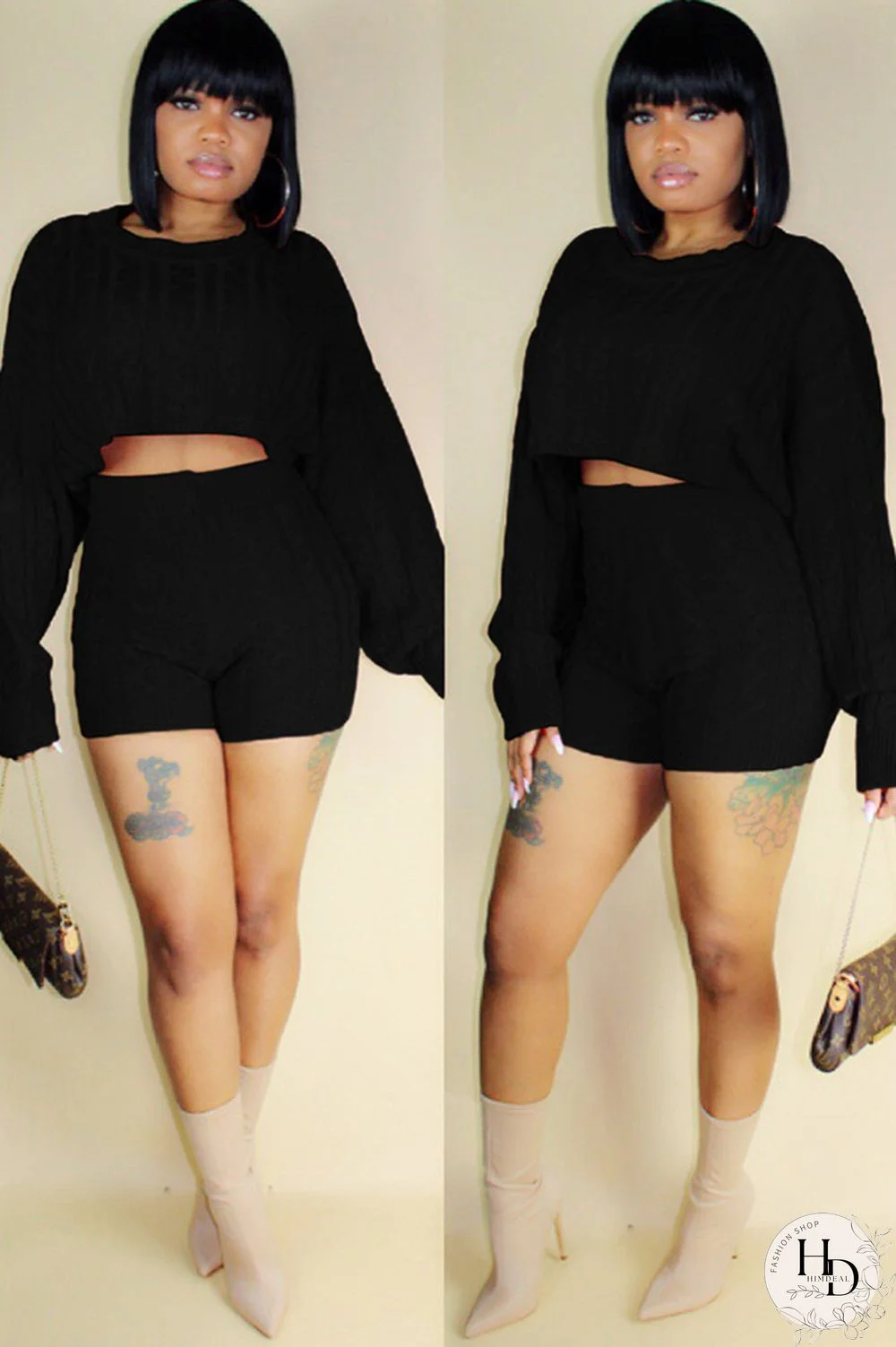 Orange Wool Europe and America Solid Two Piece Suits pencil Long Sleeve Two-Piece Short Set