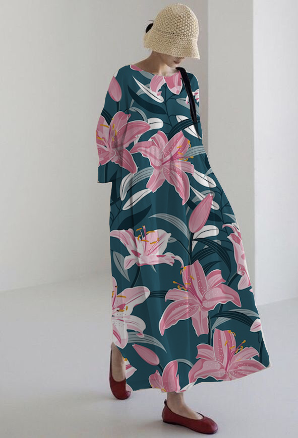 Women's Casual Botanical Floral Print Long Sleeve Midi Dress Dress