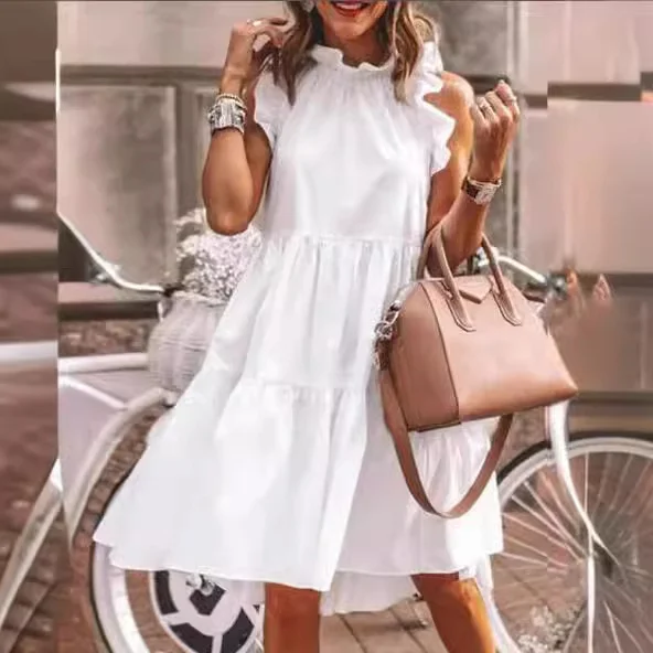 Wongn Wongn Summer Leisure Leisure Loose Sleeveless Pressure Pleated Stitching Solid Color Large Swing Round Collar Dress