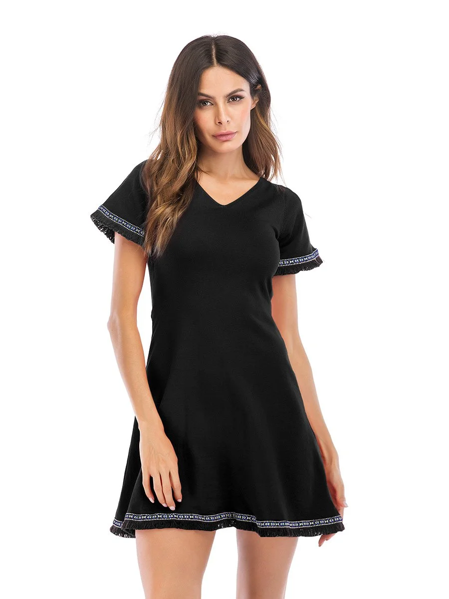 Sweater Dress V-neck Back Strap Short Sleeve A-line Dress