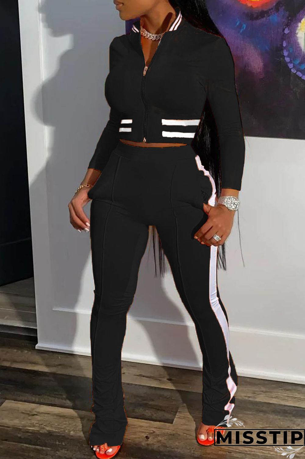 Black Casual Solid Patchwork Zipper Long Sleeve Two Pieces