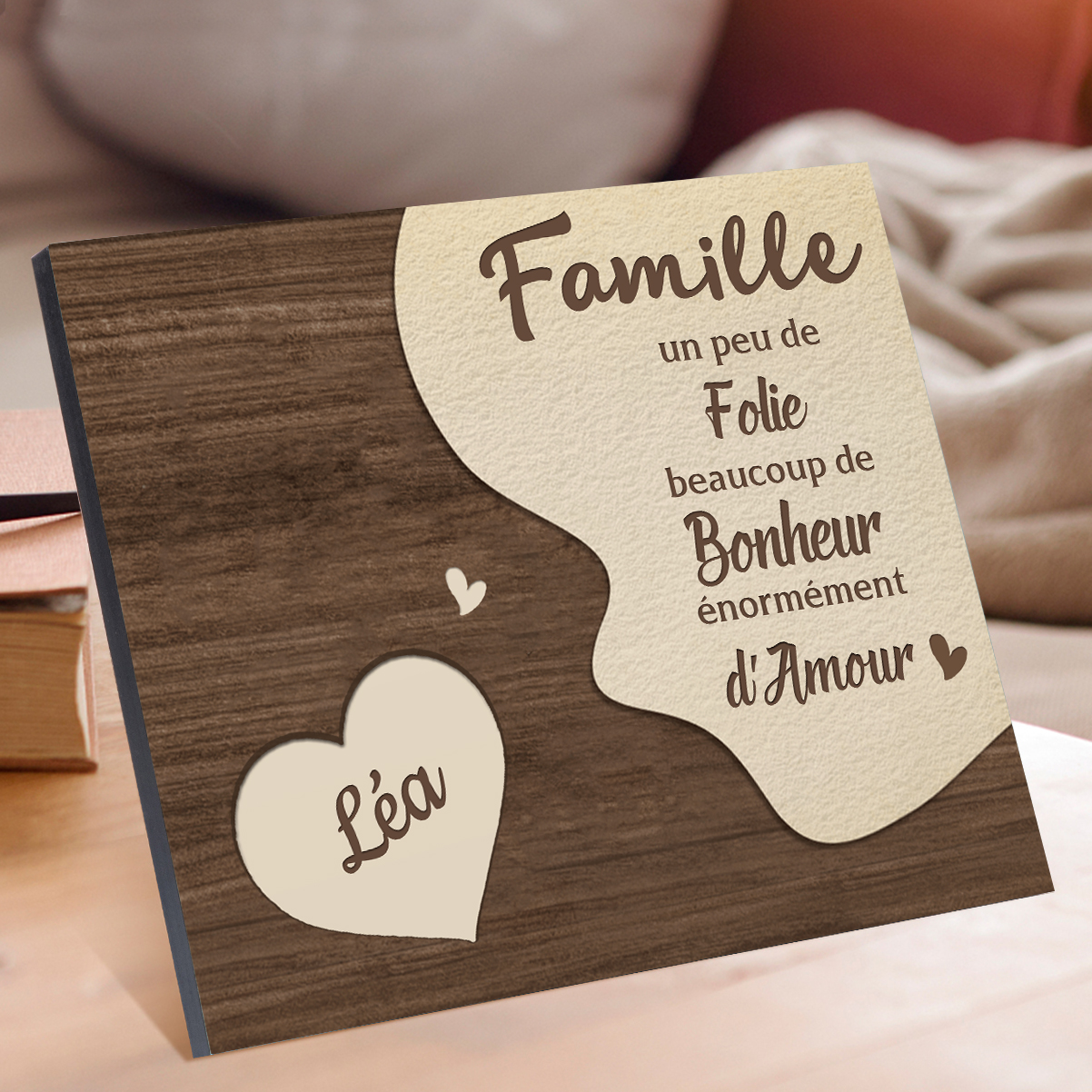 Cadre en Bois Cœur 1 Prénoms Personnalisés pour Famille