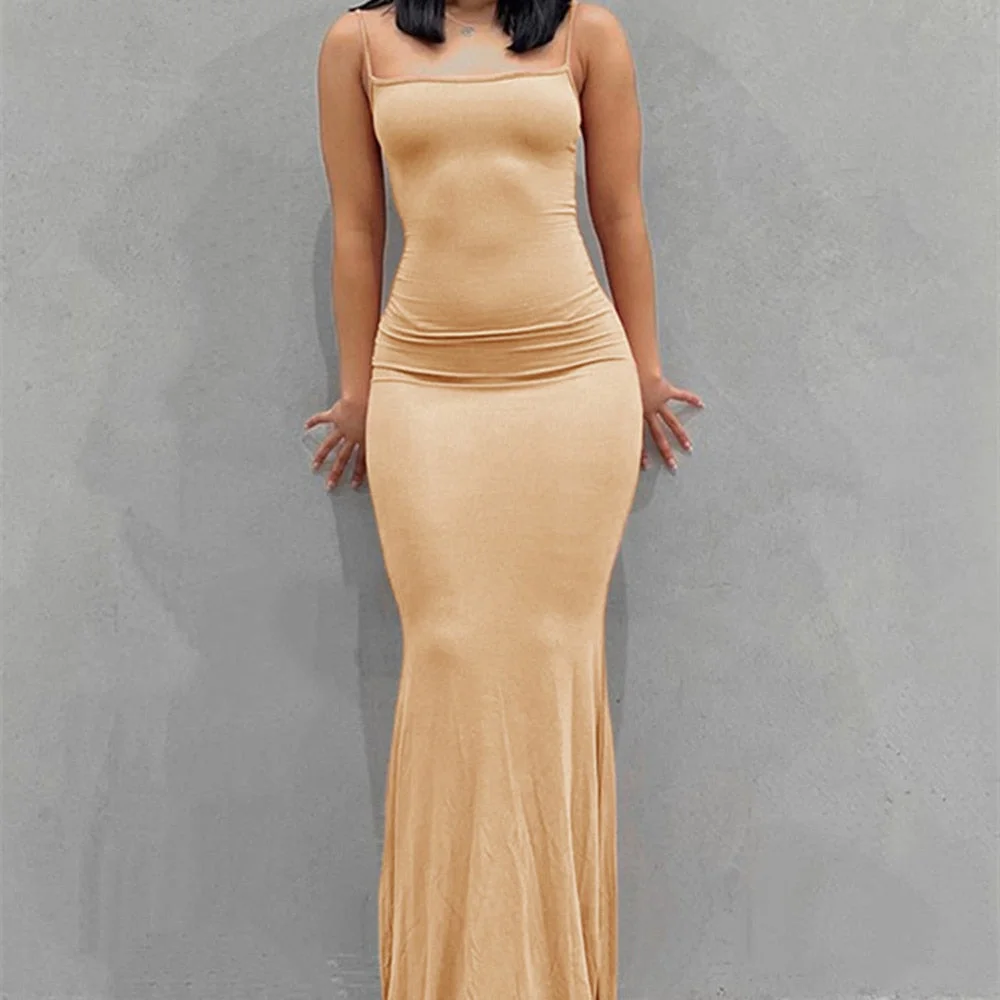 Yiallen Summer Fashion Strap Backless Long Maxi Solid Dresses Party Club Vacation Outfits for Women 2022 New Sexy Casual  Dress