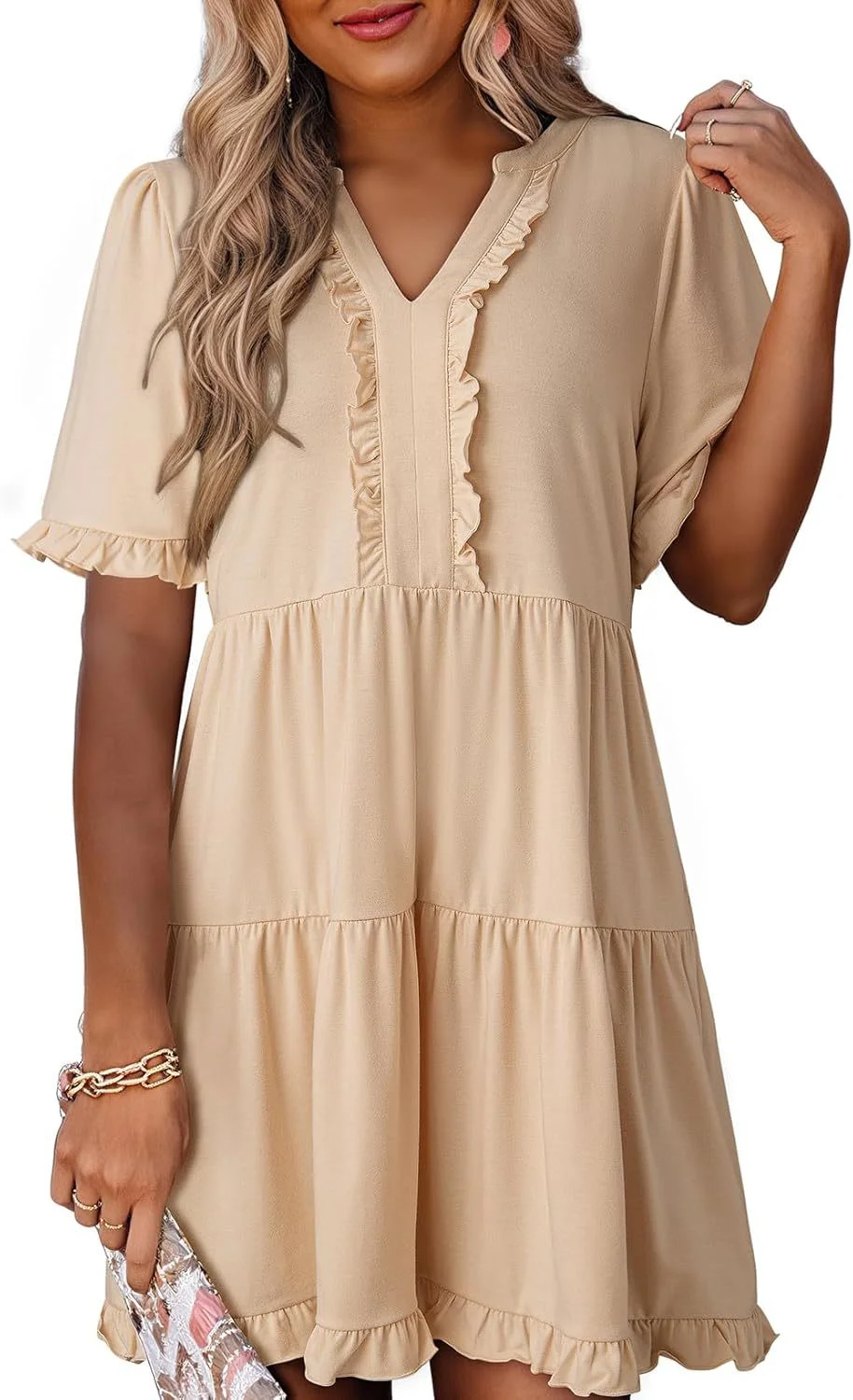 ✨Womens Dresses V Neck Short Sleeve Casual A Line Flowy Swing Shift Dress