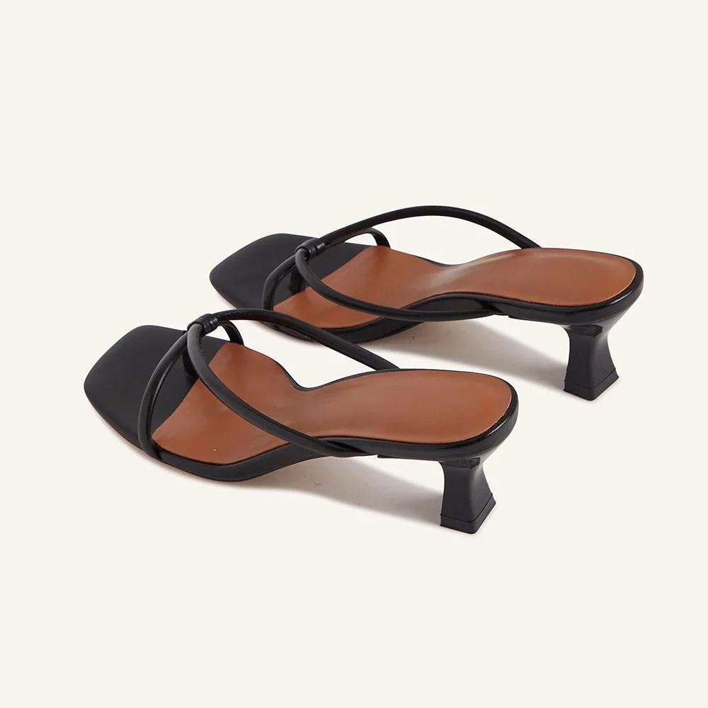 Black Vegan Leather Open Square Toe Strappy Kitten Heeled Sandals