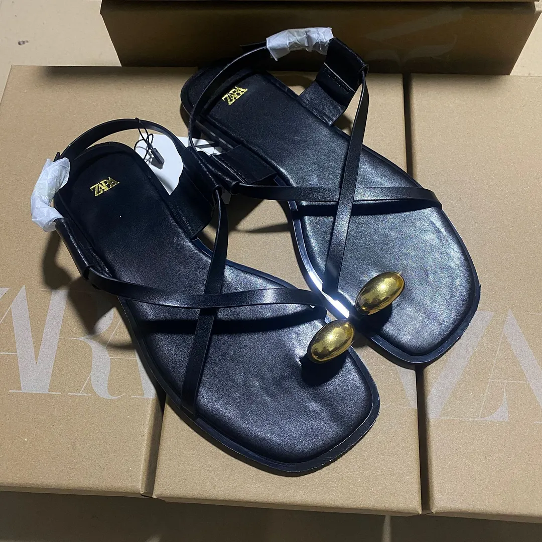 Breakj Breakj Spring Cross-Lace Metal Flat Sandals Women's Leisure Beach Shoes Soft Soles Toes Roman Shoes