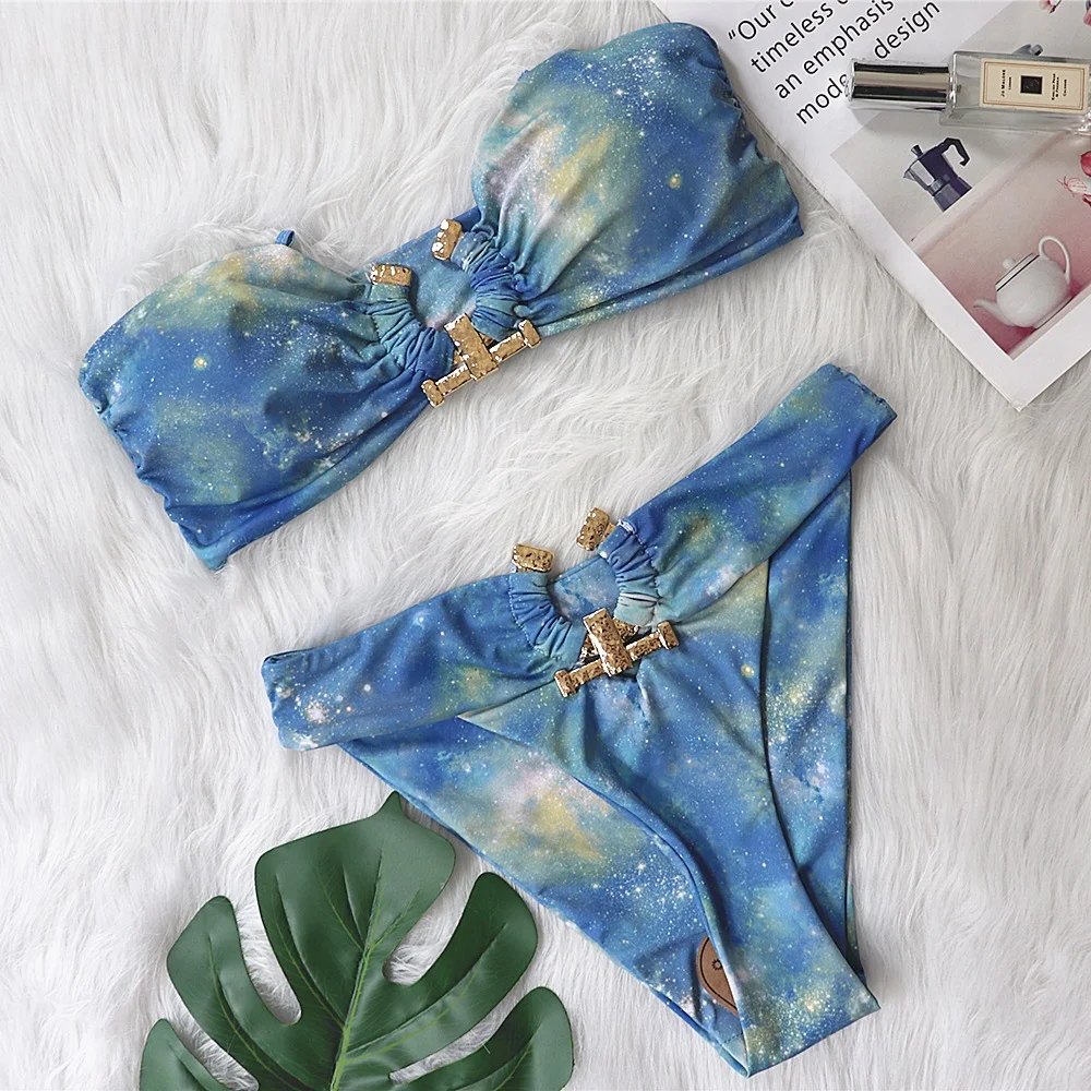 Pongl Pongl New Sexy Bikini Solid Color Strapless High Waist Swimsuit Metal Accessories Women's Swimsuit