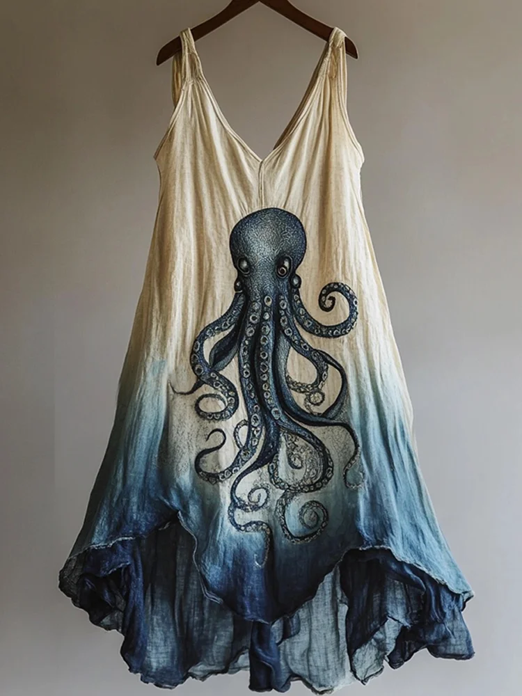 Octopus Pattern Tie-dye Art Linen Blend Dress
