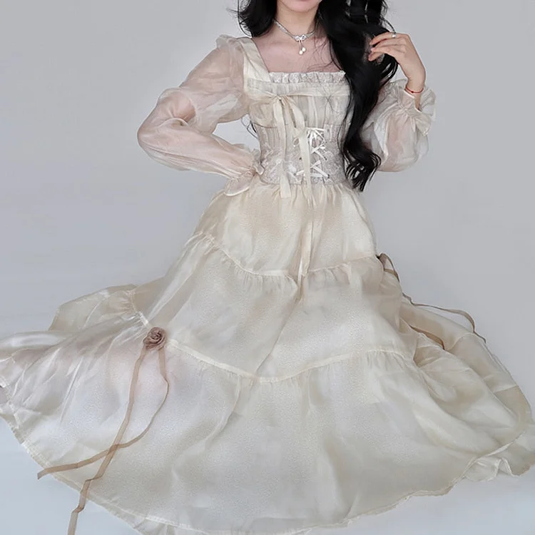 Princess Shiny Square Collar Lace-up Waist Ruffled Hem Long Sleeve Dress 
