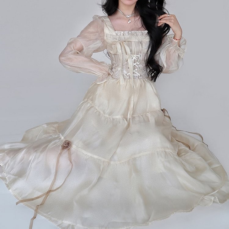 Long Sleeve Scarf Collar Lace Up Midi Dress