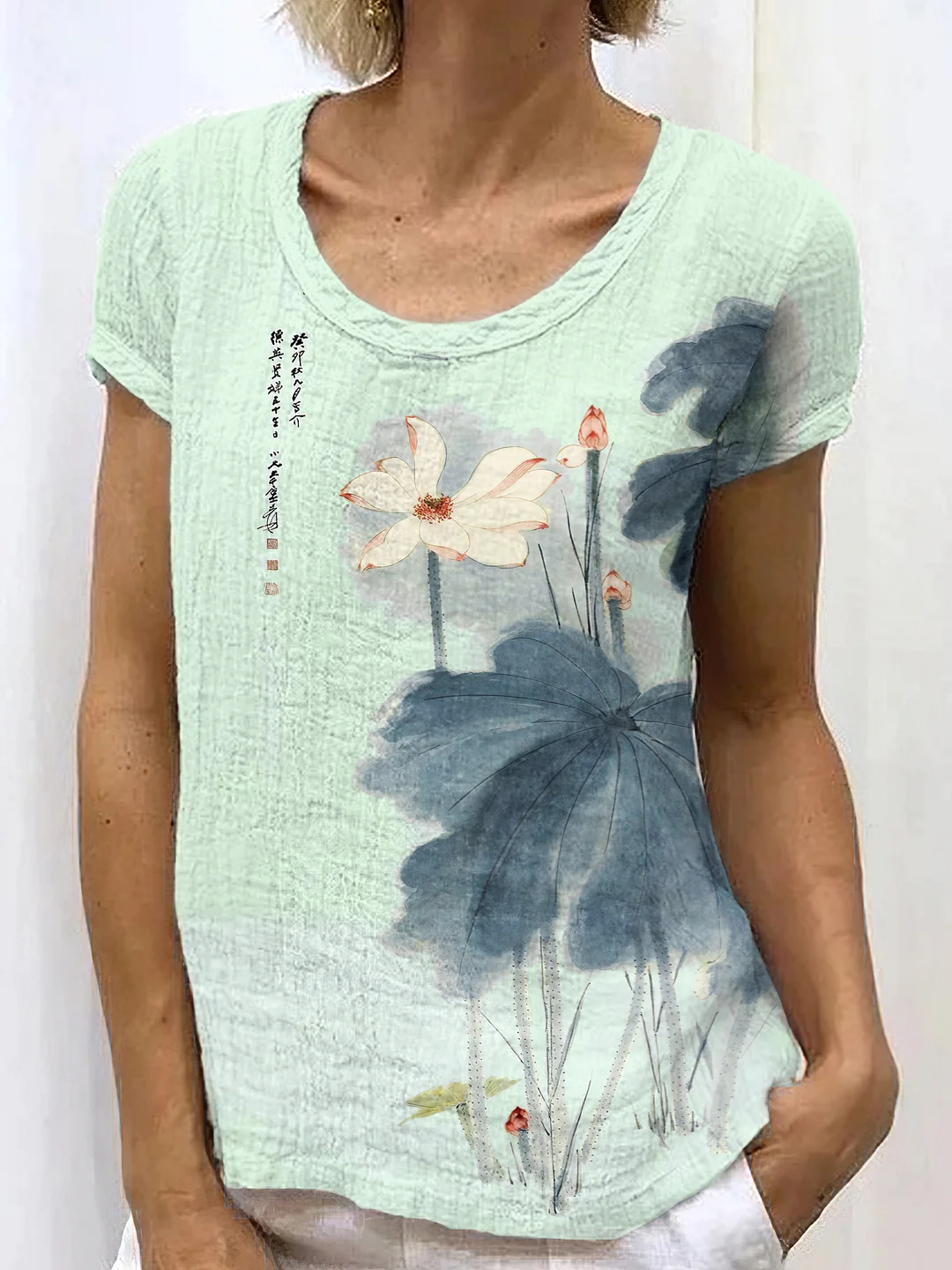 Japanese Retro Orchid Ink Wash Painting Art Linen Casual T-Shirt