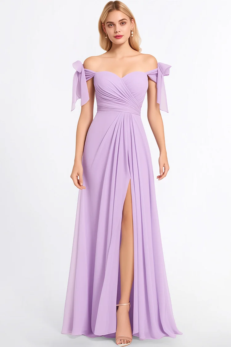 Zaruci Bridesmaid Purple Chiffon Wrap Off The Shoulder Slit Maxi Dress [Pre-Order]