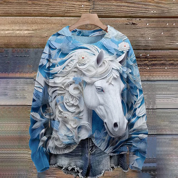 VChics Art 3D Horse Print Knitted Pullover Sweater