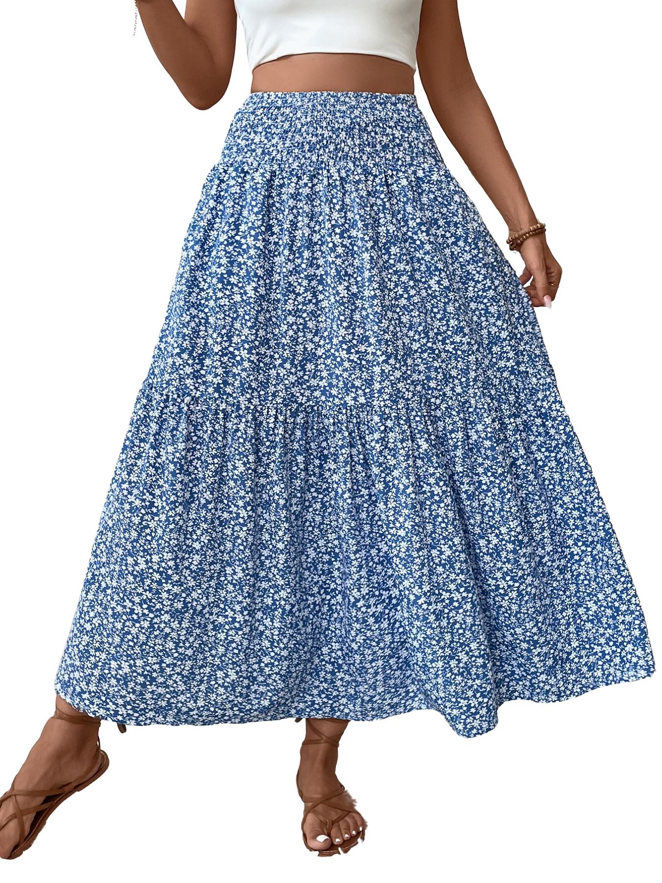 Women's Ditsy Floral Vintage Casual Vacation Layered A-Line Skirt, Elegant Long Skirt for Spring & Fall, All over Print Fitted Style