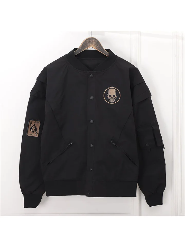 Long-sleeved Loose Cotton Zipper Dig Pockets Pilot Jacket Workwear Stand-up Collar Jacket Men Embroidered Youth Baseball Jacket Coat-JRSEE