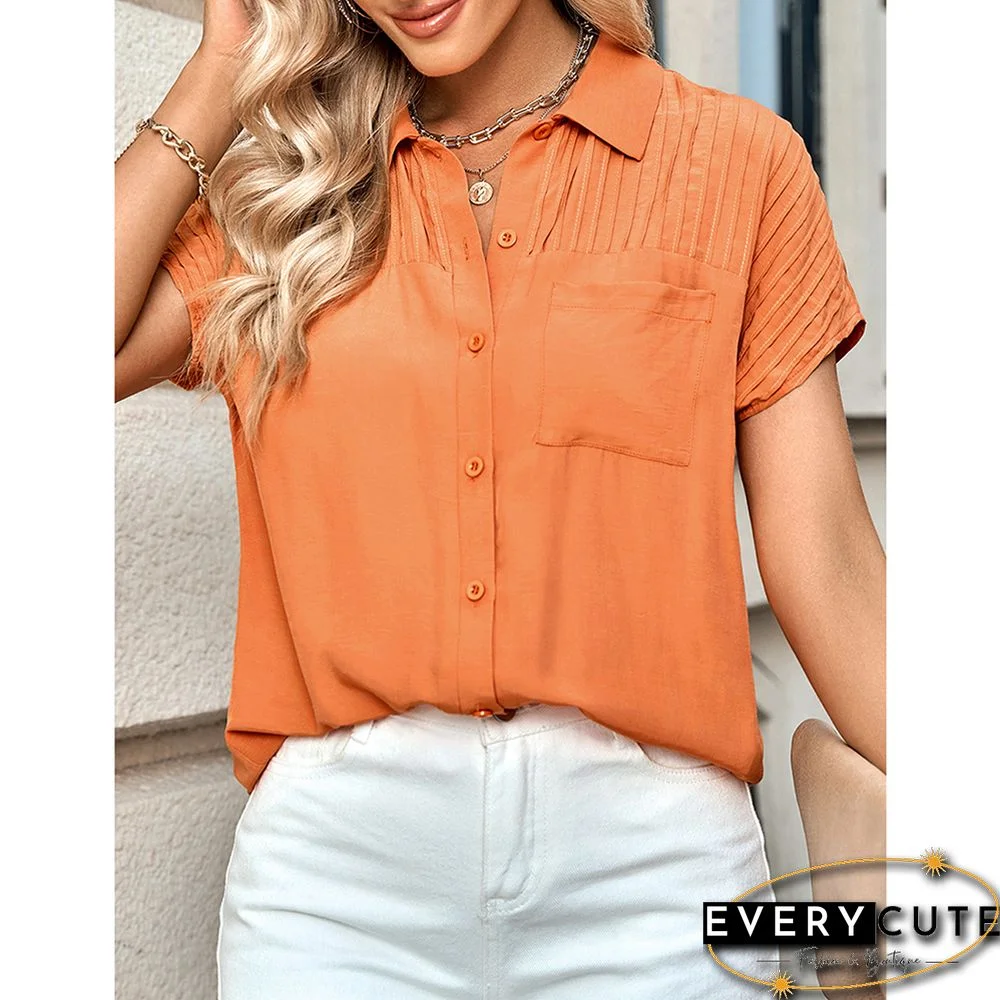 Orange Lapel Button Short Sleeve Pocket Shirt