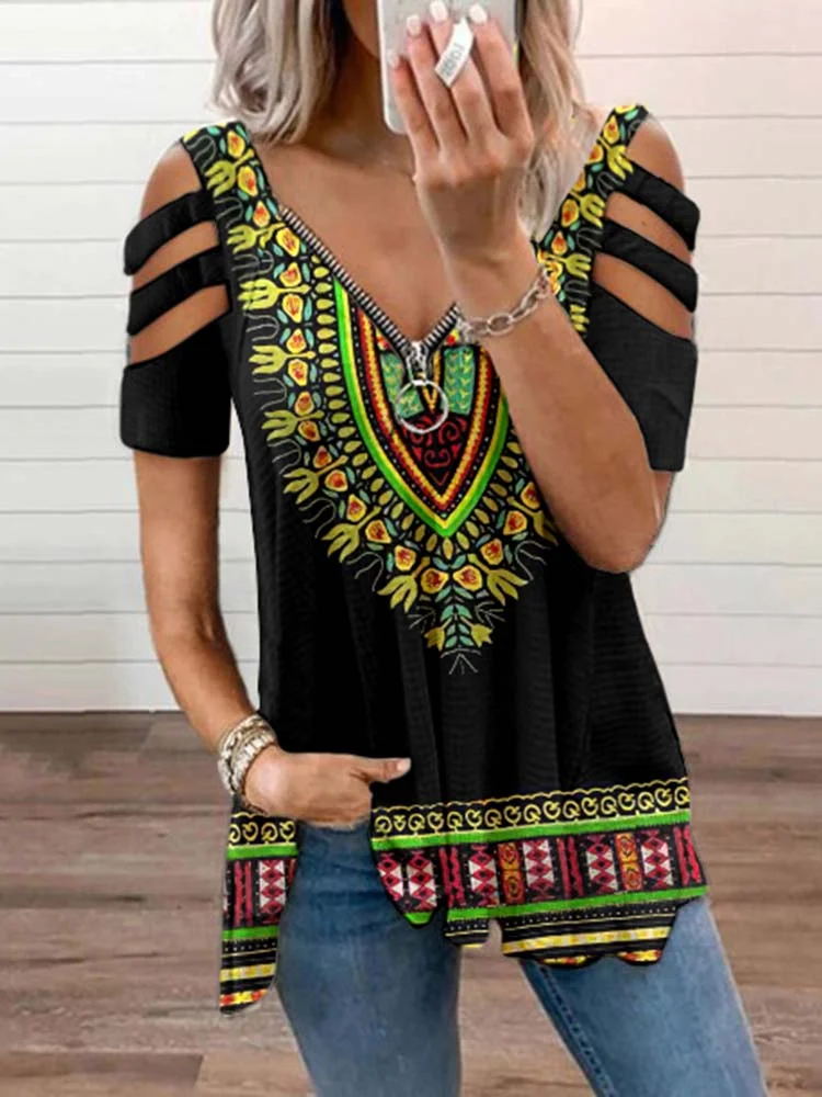 Tribal Color Block Zipper Casual T-Shirt