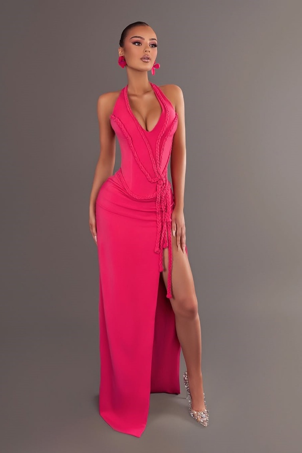 Fuchsia Halter Split Braiding Slim Fit Prom Dress