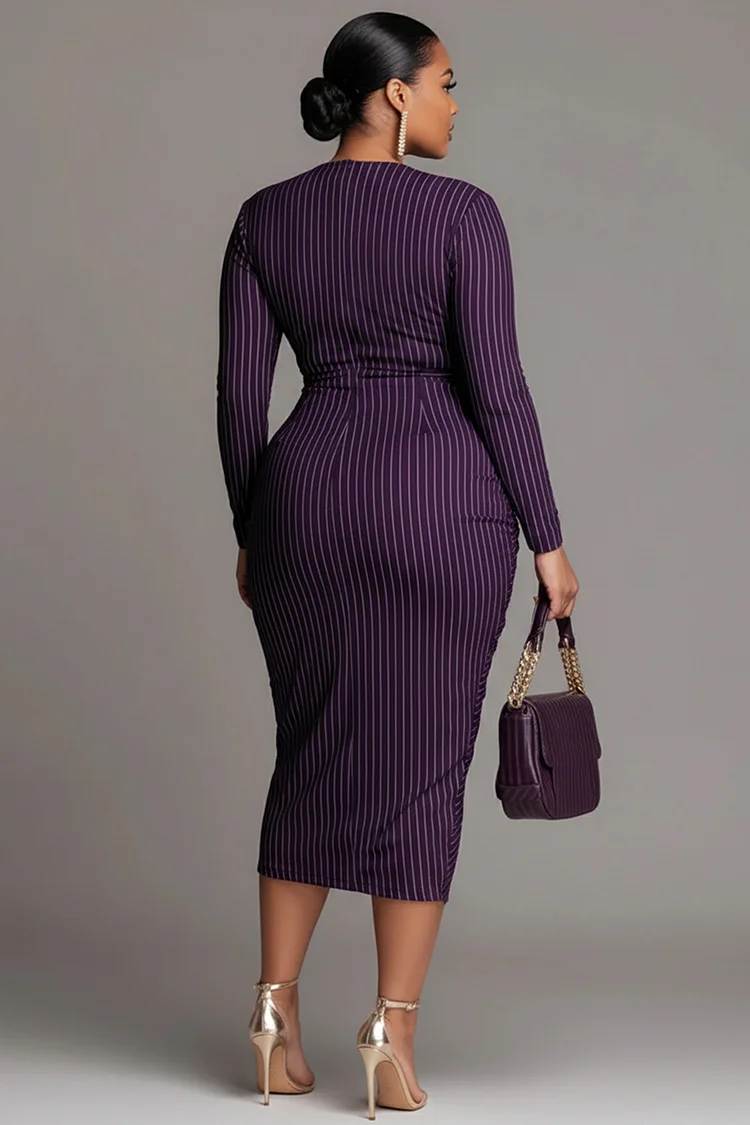 Xpluswear Design Plus Size Business Casual Purple Striped Wrap Neck Long Sleeve Ruffled Elegant Midi Dresses [Pre-Order]
