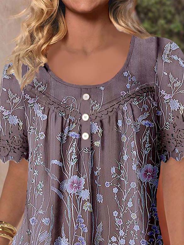 Women's Short Sleeve Scoop Neck Floral Printed Lace Stitching Top