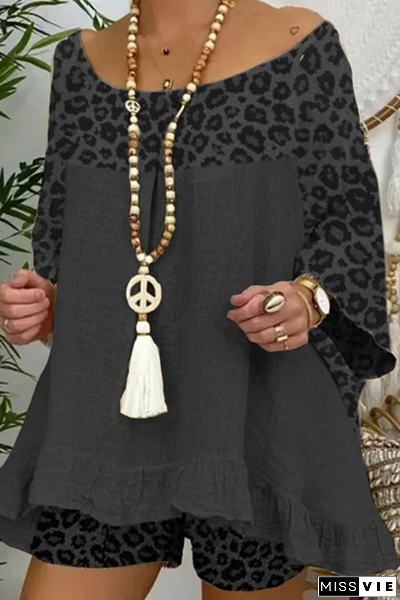 Casual Street Leopard Patchwork Flounce O Neck Three Quarter Two Pieces