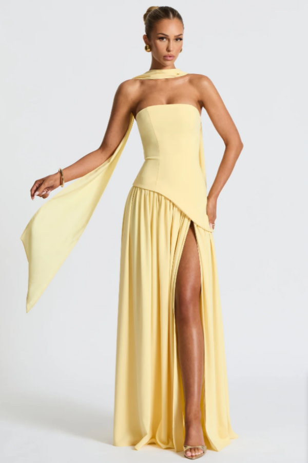 Fashion Light Yellow Split Strapless Summer Prom Dress With Scarf | ZT0800