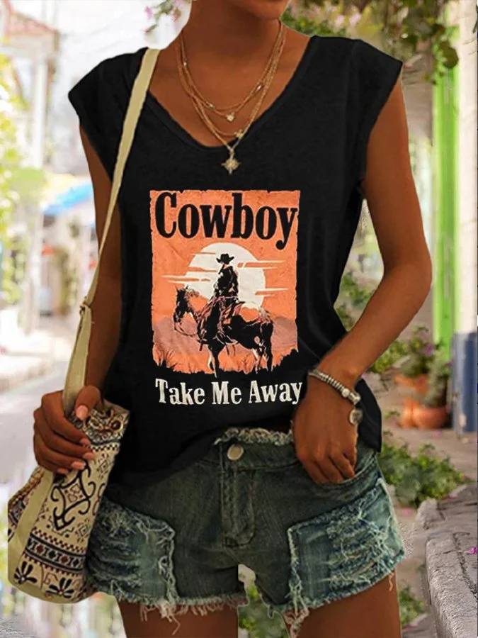 Women's Cowboy Take Me Away Print Sleeveless T-Shirt