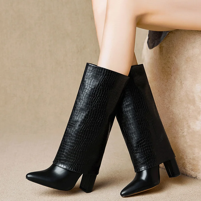 Women's Pointed toe Chunky Heel leather  Sleeve slacks boots  knee stone pattern Knee high boots  Novameme