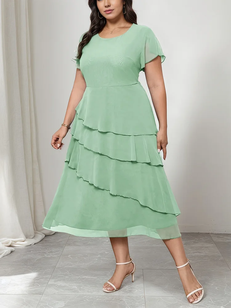 Women's Plus Size Summer Dress, Casual Crew Neck Short Sleeve Midi Dress | Beaded Detail, Loose Fit H-Line Silhouette, Non-Stretch Machine Washable Fabric, Breathable Material, Flowy Texture, Curvy Fashion For Warm Weather, Office & Casual Outing