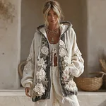 Women's Vintage White Rose Patchwork Cozy Warm Hoodie - Image 2