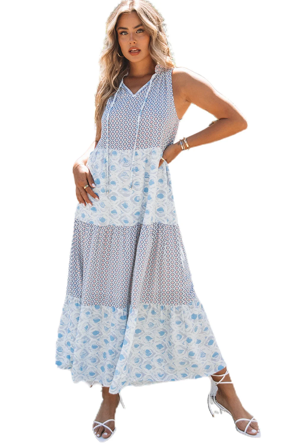 Women Sky Blue Abstract Print Split Neck Sleeveless Maxi Dress